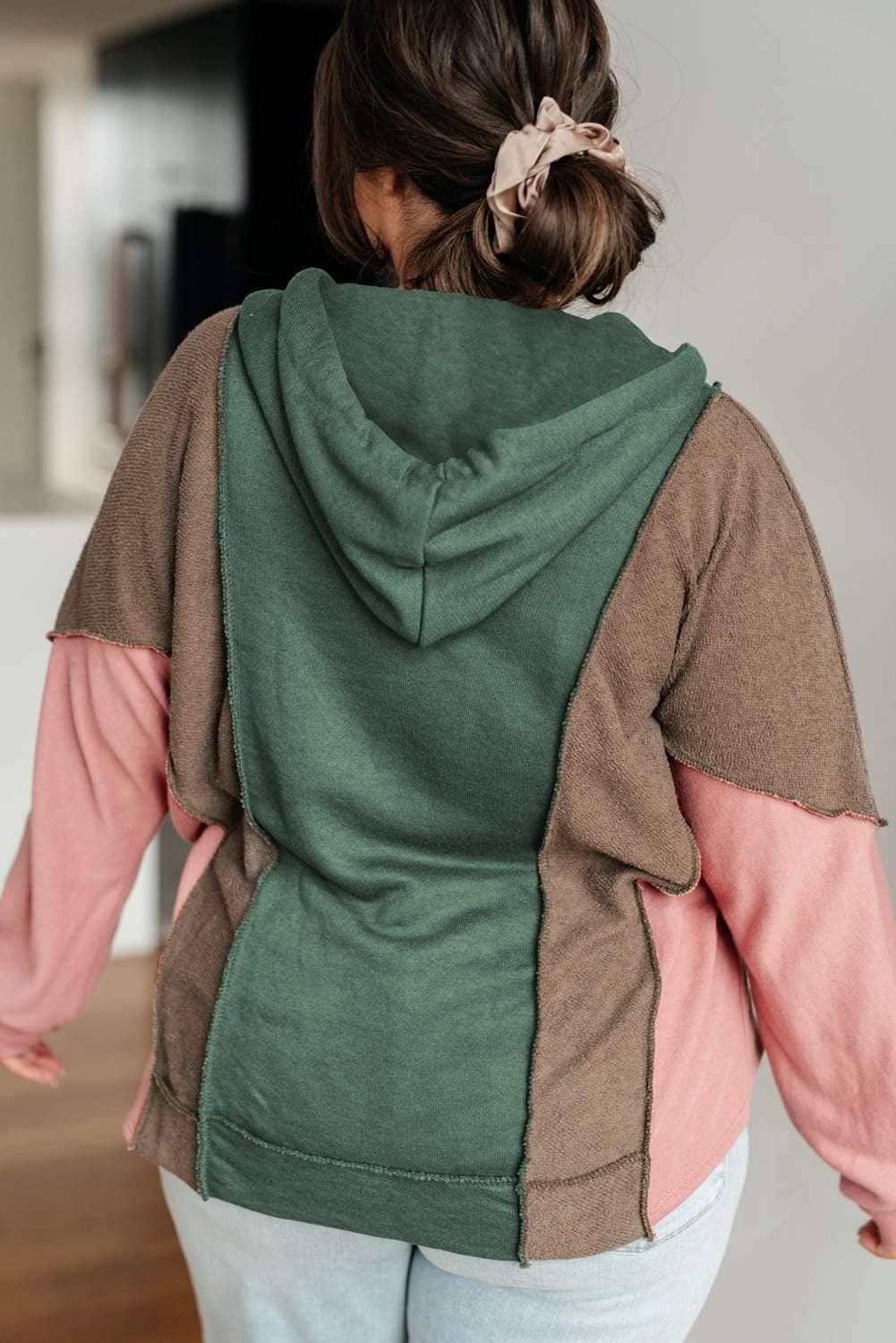 Breen Plus Size Colorblock Patchwork V Neck Hoodie