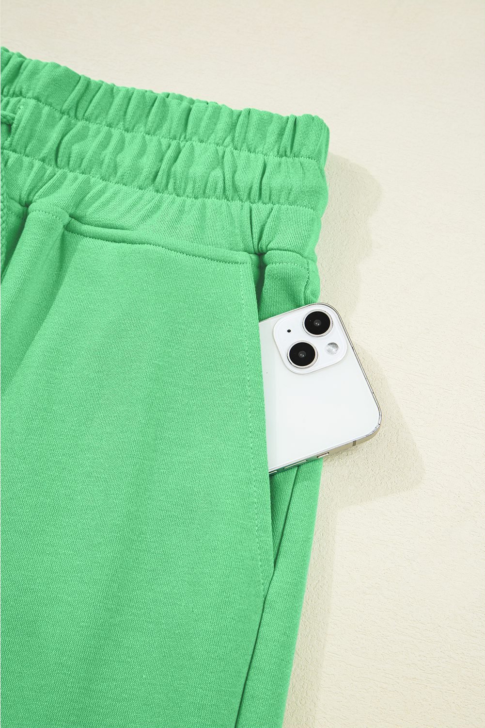Bright Green Drop Shoulder Puff Sleeve Crop Pullover Drawstring Wide Leg Pants Set
