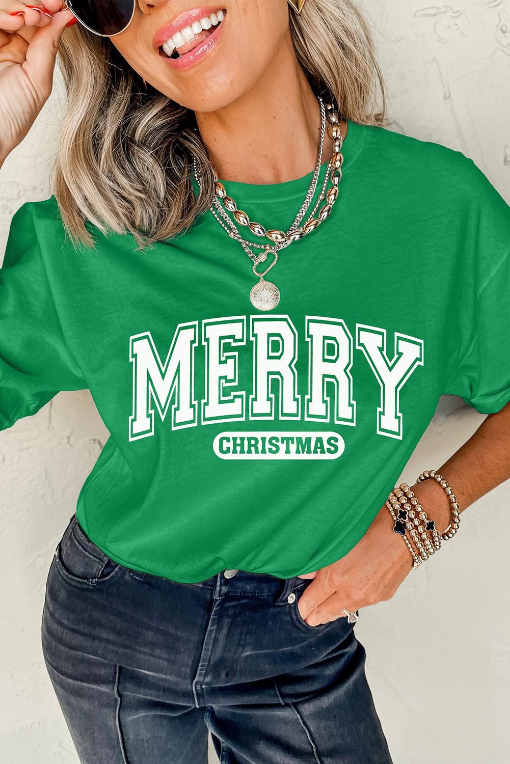 Bright Green Merry Christmas Letter Graphic Loose T Shirt