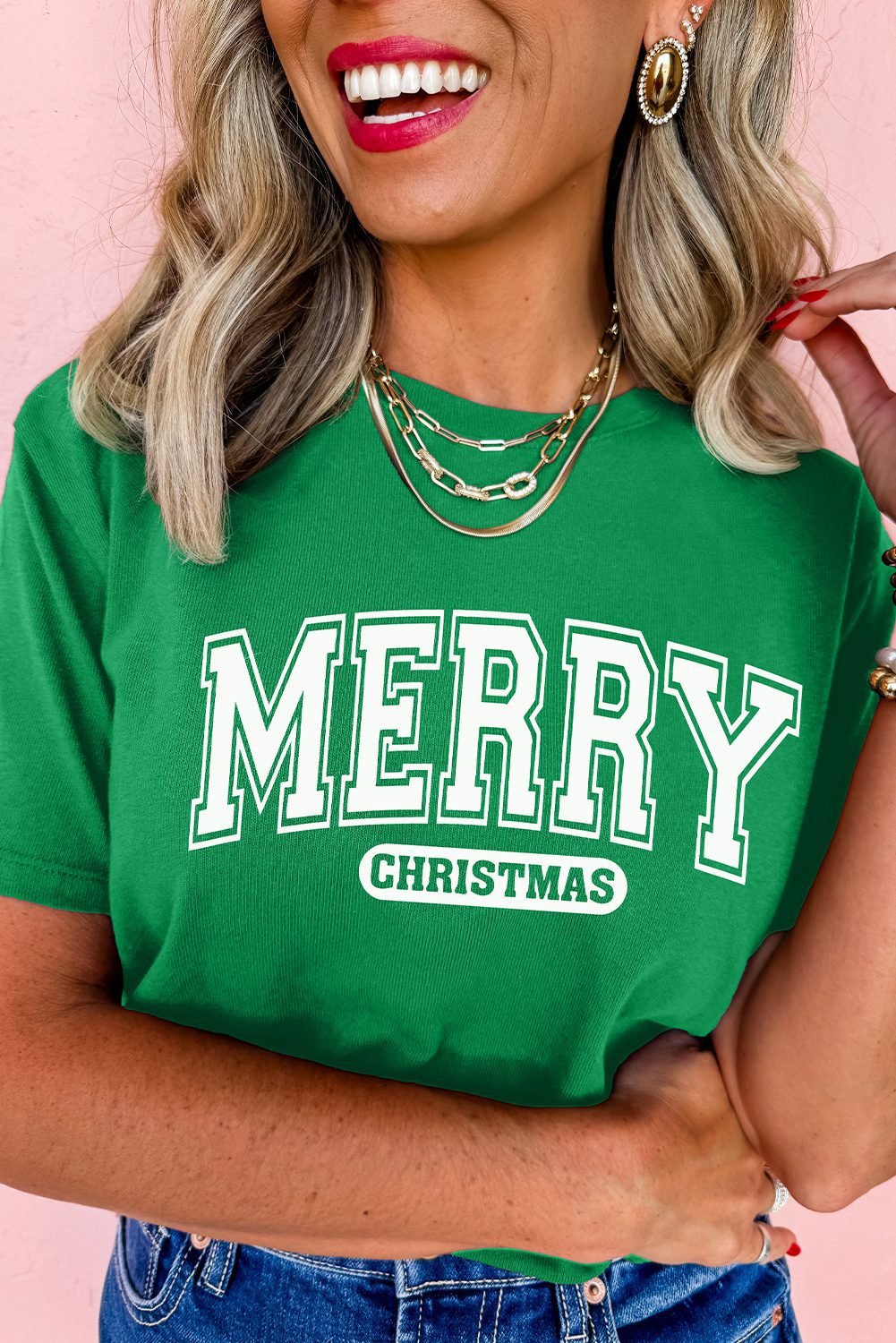 Bright Green Merry Christmas Letter Graphic Loose T Shirt