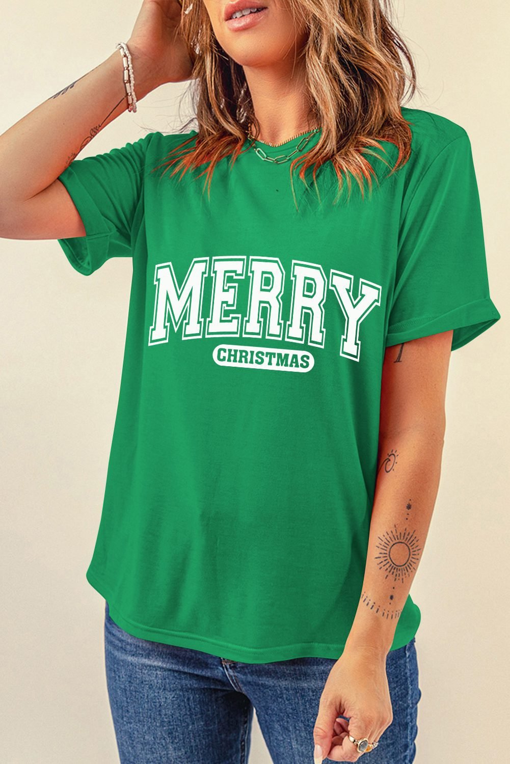 Bright Green Merry Christmas Letter Graphic Loose T Shirt