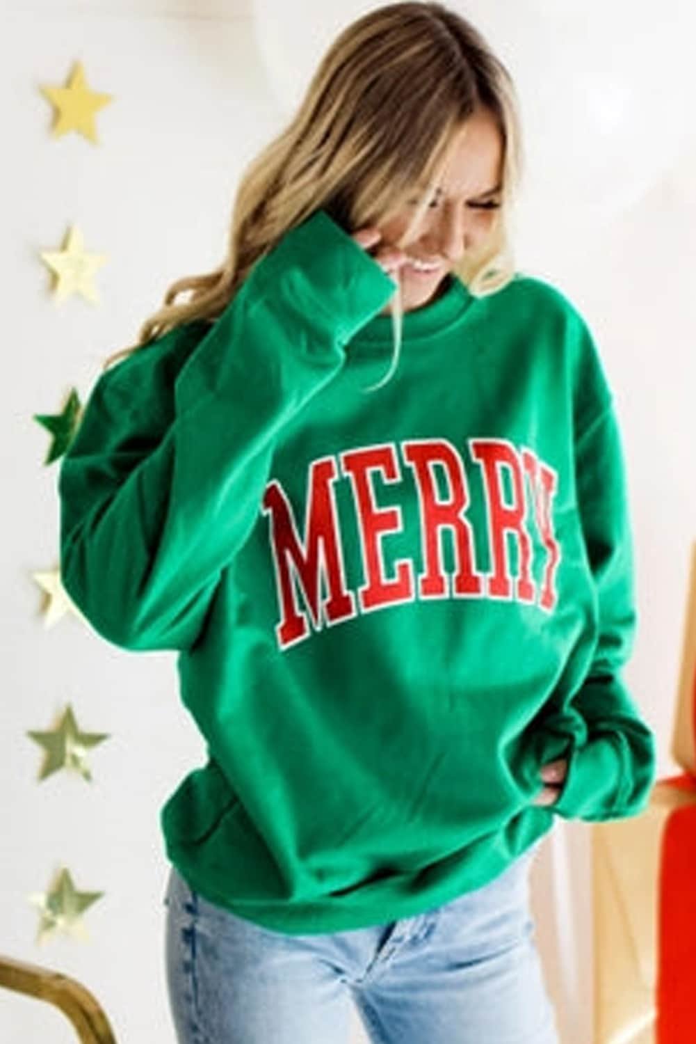 Bright Green Merry Graphic Pullover Sweatshirt