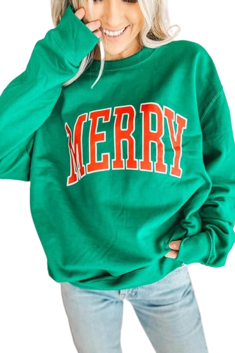 Bright Green Merry Graphic Pullover Sweatshirt