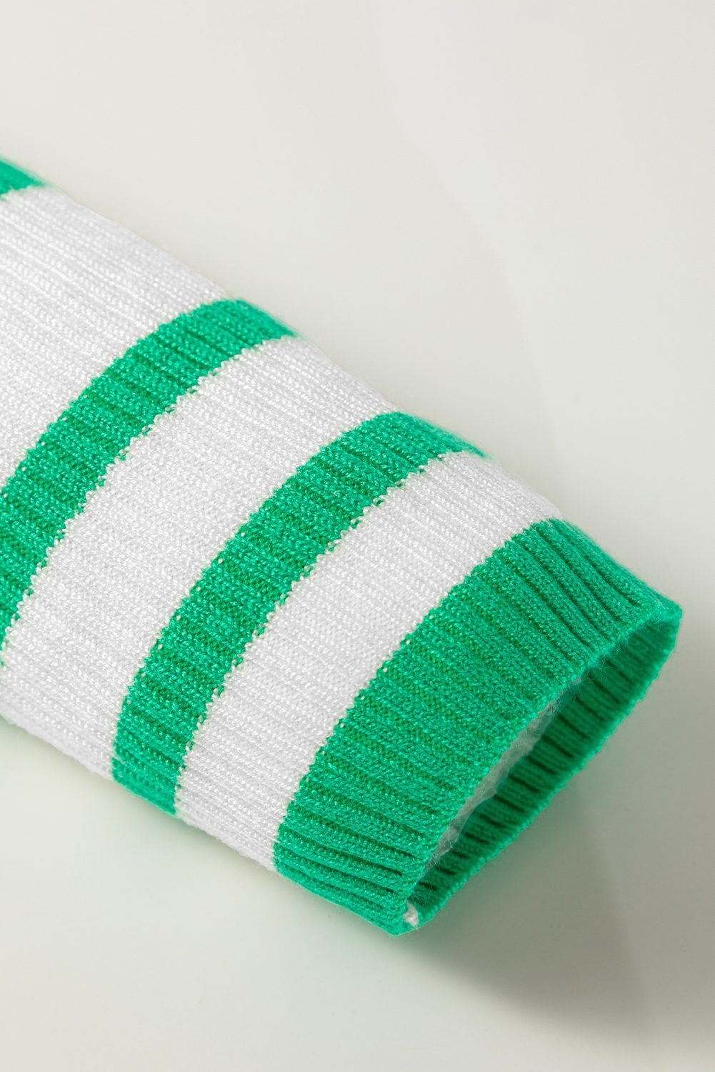 Bright Green Scalloped Trim U Neck Striped Ribbed Slim Sweater