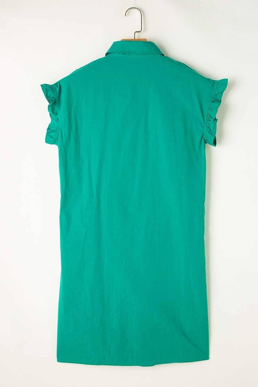 Bright Green Shirred Ruffle Sleeve Button Up Short Dress