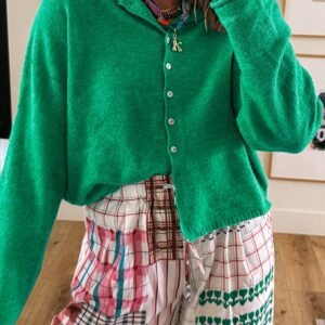 Bright Green Solid Color Knit Button Drop Shoulder Sweater Cardigan