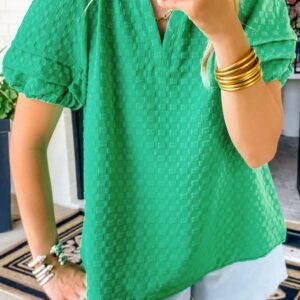 Bright Green Textured Puff Short Sleeve Notched V Neck Top