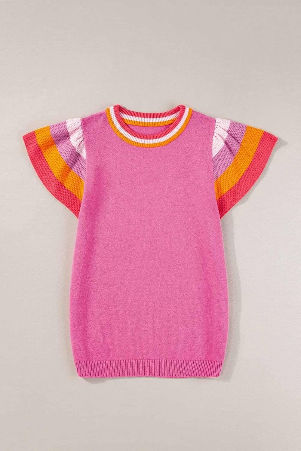 Bright Pink Contrast Flutter Sleeves Knitted Sweater T Shirt