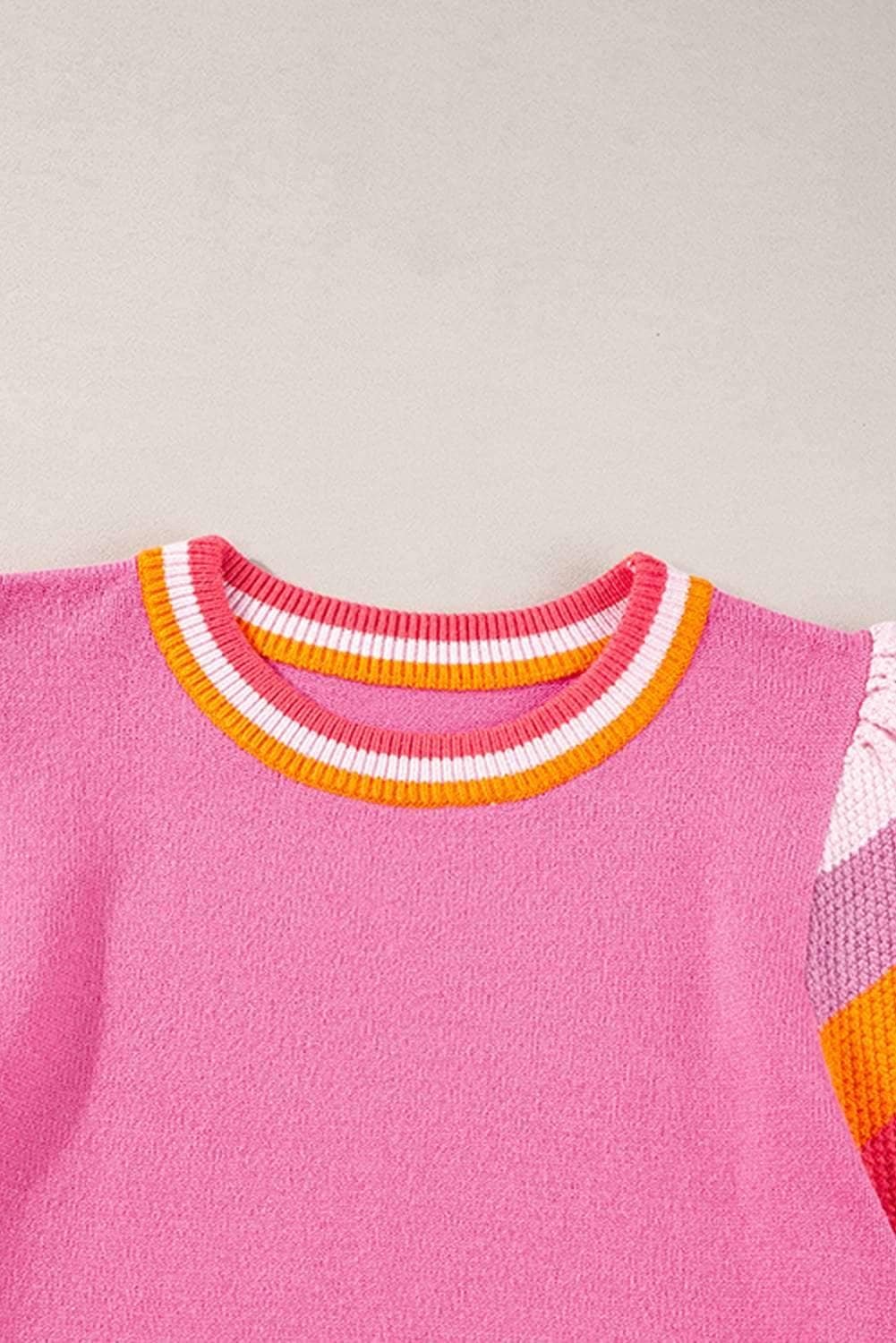 Bright Pink Contrast Flutter Sleeves Knitted Sweater T Shirt