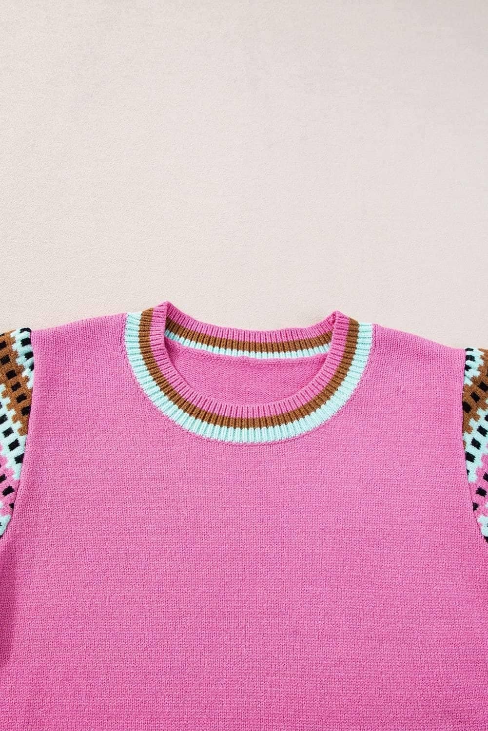 Bright Pink Contrast Printed Cap Sleeves Crewneck Sweater