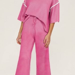 Bright Pink Contrast Trim Half Sleeve Top Drawstring Pants Loose 2Pcs Sweater Suit