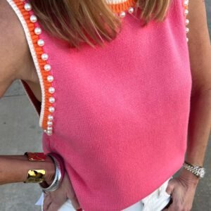 Bright Pink Contrast Trim Pearl Detail Sweater Tank Top