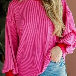 Bright Pink Corded Contrast Edge Drop Shoulder Long Sleeve Top
