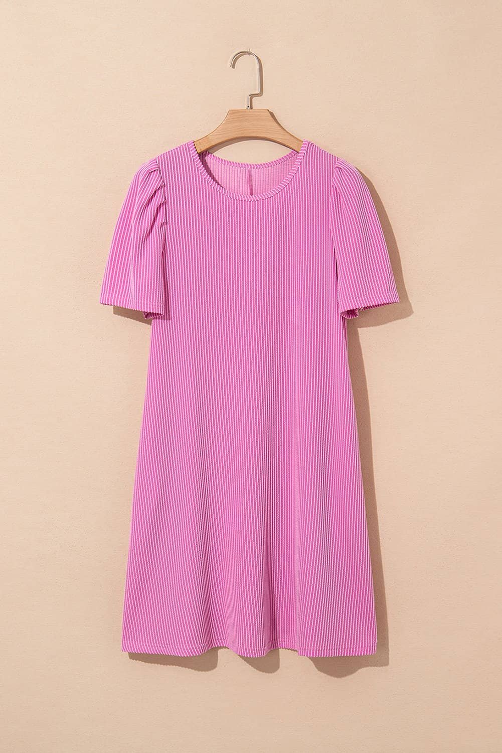 Bright Pink Corded Knit Crew Neck Puff Sleeve Shift Mini Dress