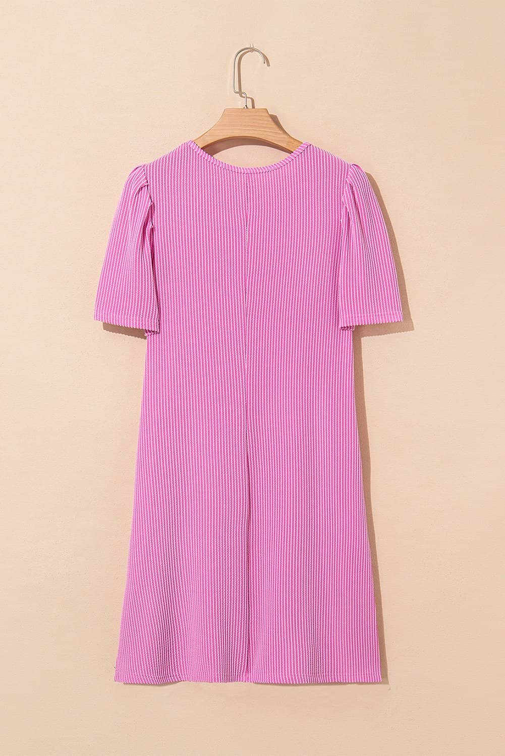 Bright Pink Corded Knit Crew Neck Puff Sleeve Shift Mini Dress