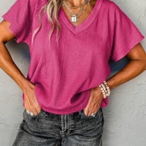 Bright Pink Crinkled V Neck Wide Sleeve T-Shirt