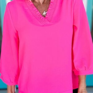 Bright Pink Frilled V Neckline Bracelet Sleeve Crinkled Blouse