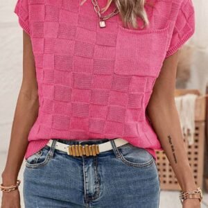 Bright Pink Lattice Textured Knit Short Sleeve Sweater