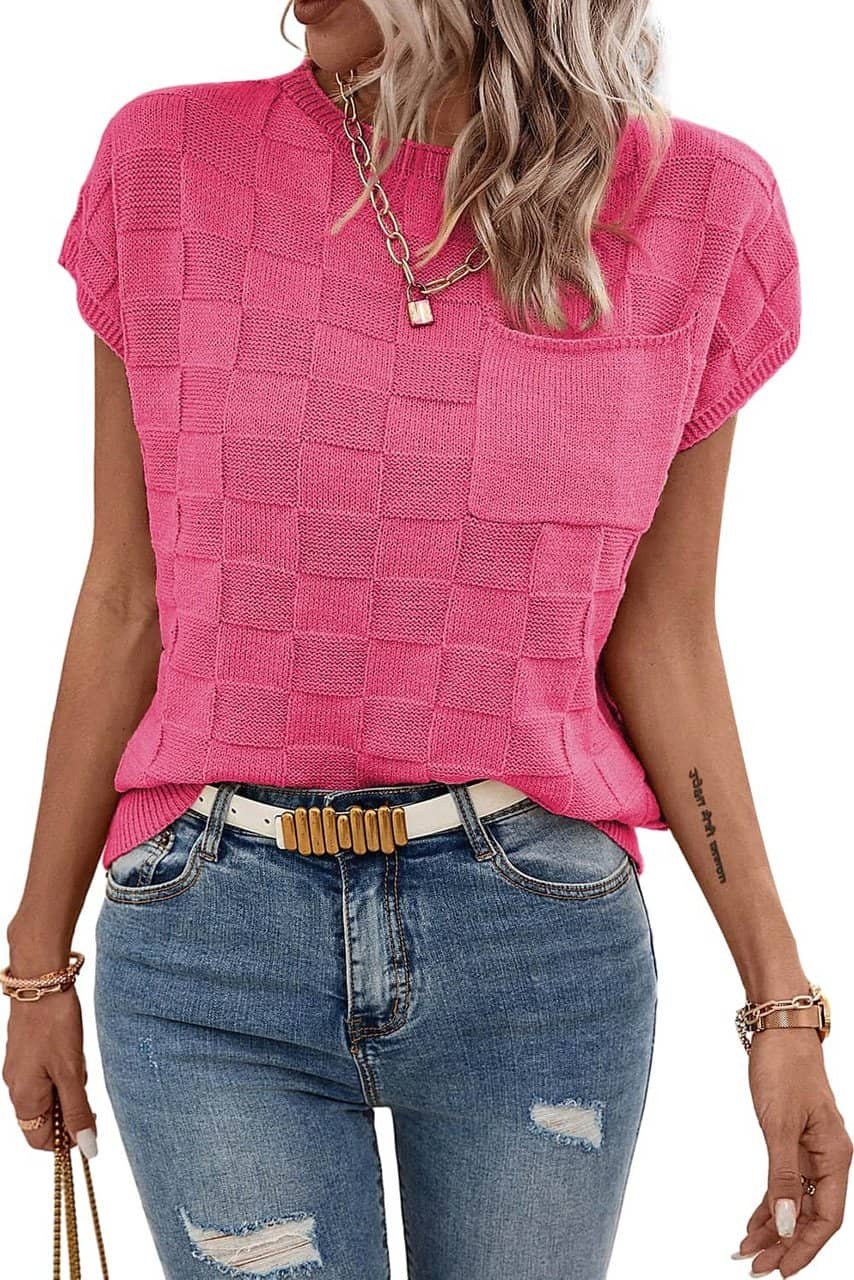 Bright Pink Lattice Textured Knit Short Sleeve Sweater