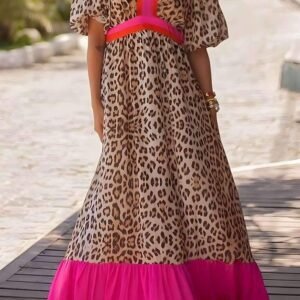 Bright Pink Leopard Colorblock Patchwork Bubble Sleeve Maxi Dress