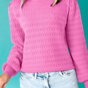 Bright Pink Trendy Pattern Knit Ribbed Cuffs Crew Neck Sweater