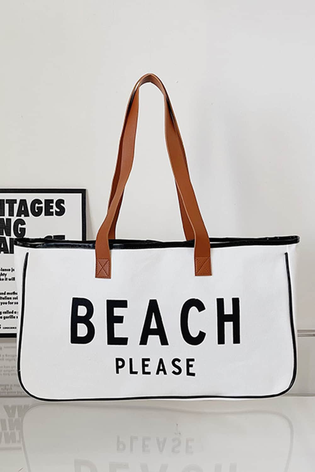 Bright White Beach Please Print Large Canvas Tote Bag