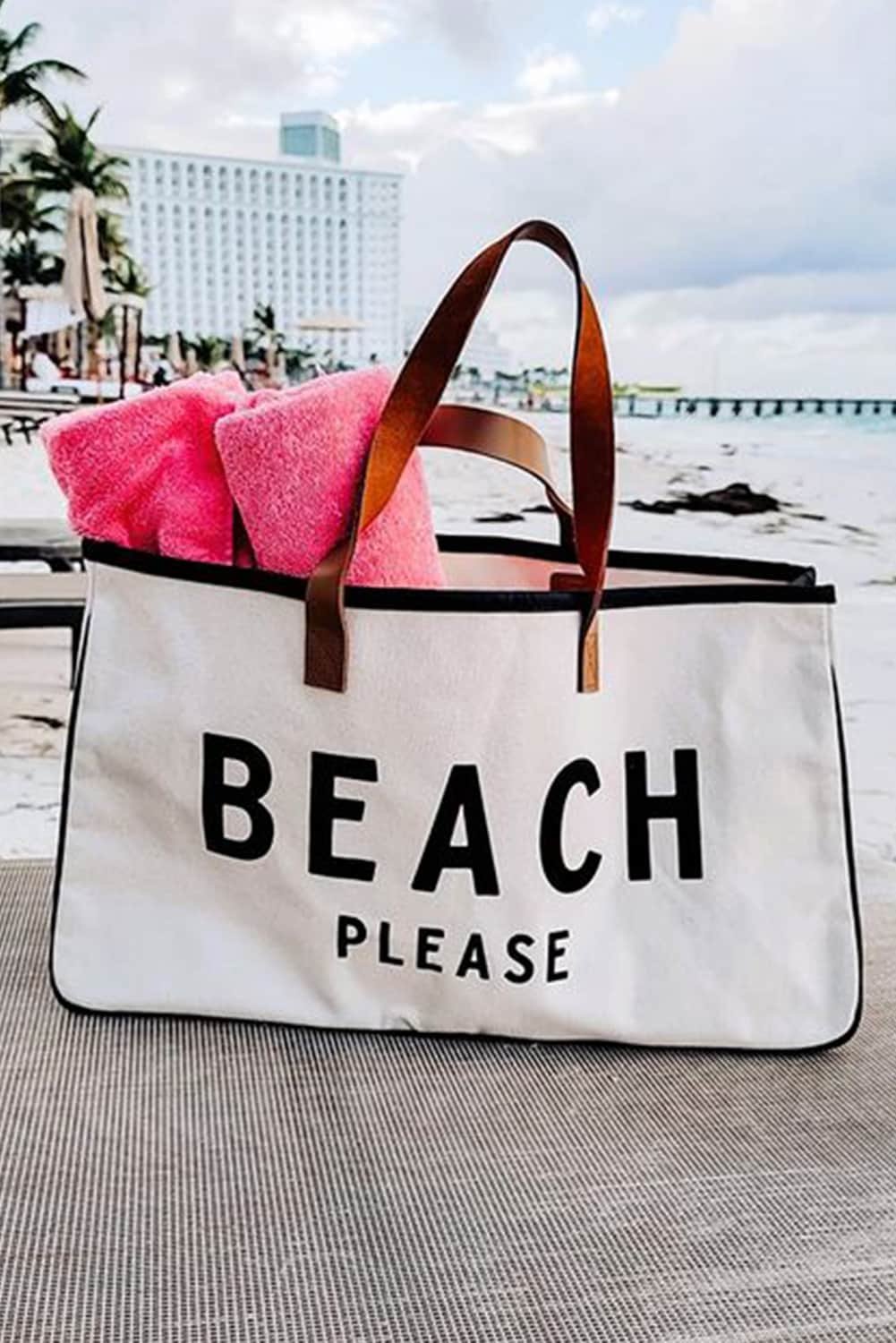 Bright White Beach Please Print Large Canvas Tote Bag