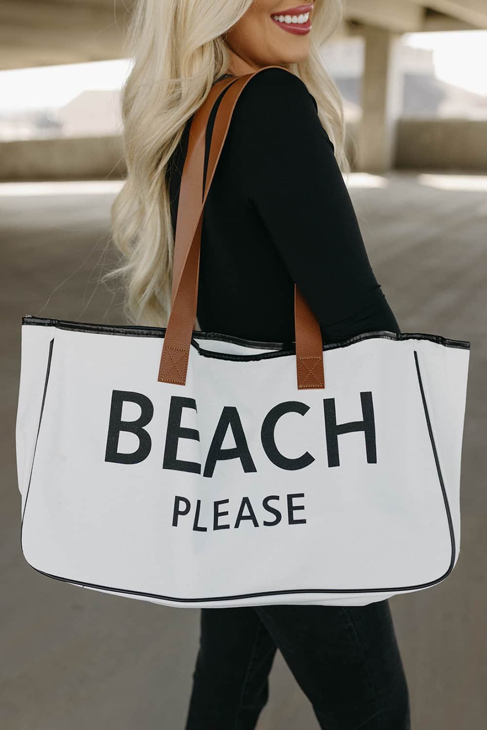 Bright White Beach Please Print Large Canvas Tote Bag