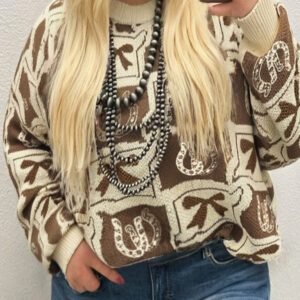 Brown Bow Horseshoe Print Checkered Plus Size Sweater