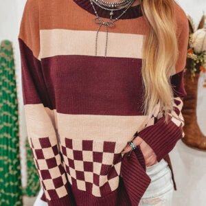 Brown Checkered Color Block Knitted Drop Shoulder Sweater