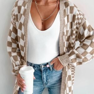 Brown Checkered Open Front Drop Shoulder Cardigan