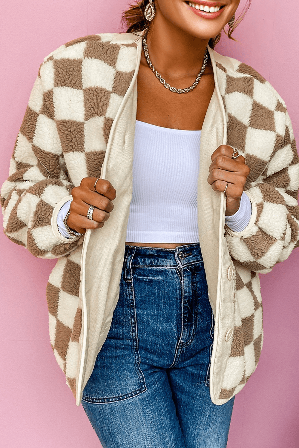Brown Checkered Sherpa Buttoned Front Chunky Jacket