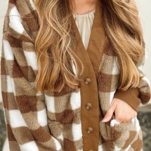 Brown Checkered Sherpa Loose Knit Cardigan With Pockets