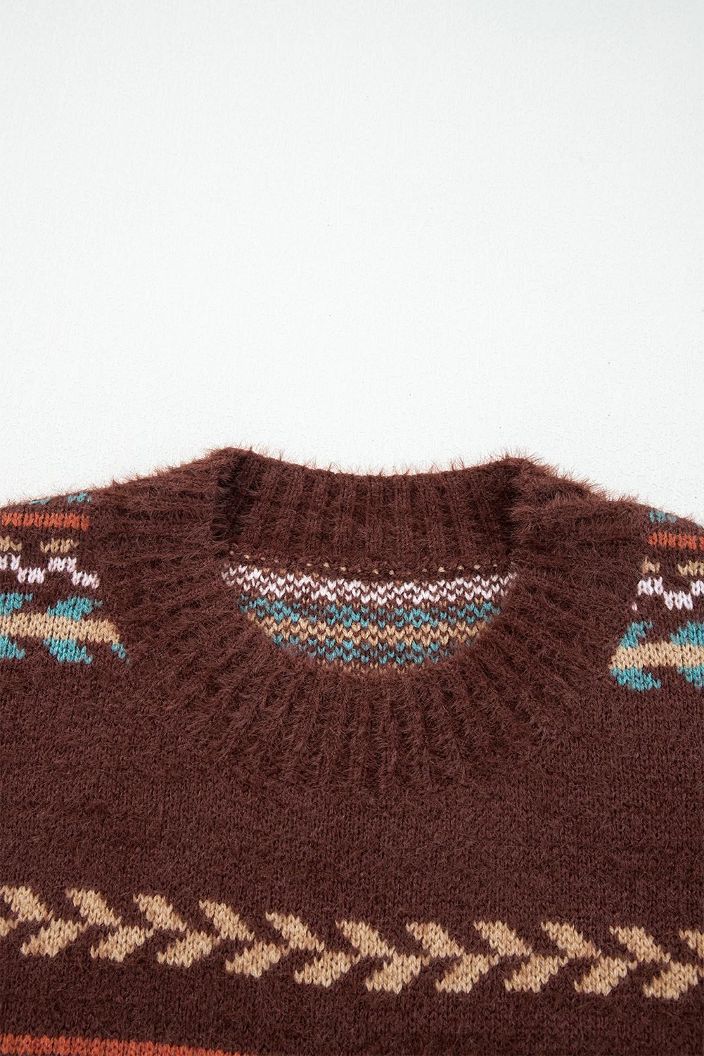Brown Ethnic Pattern Mohair Knitted Drop Shoulder Sweater