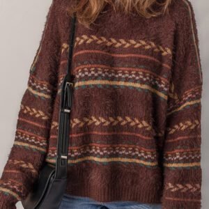 Brown Ethnic Pattern Mohair Knitted Drop Shoulder Sweater
