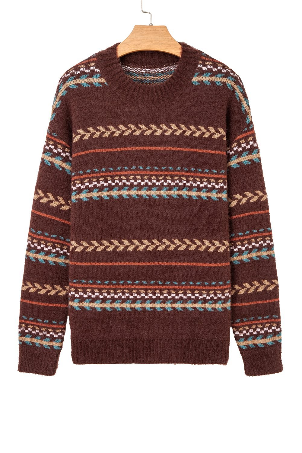 Brown Ethnic Pattern Mohair Knitted Drop Shoulder Sweater