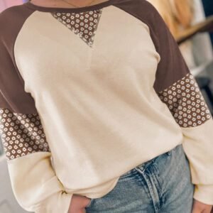 Brown Floral Print Patchwork Color Block Long Sleeve Top