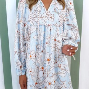 Brown Floral Print Tie Neck 3/4 Sleeve Mini Dress