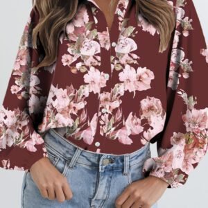 Brown Floral Puff Sleeve Lightweight Shirt