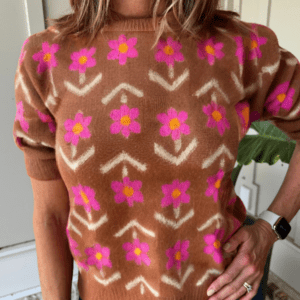 Brown Floral Short Puff Sleeve Sweater