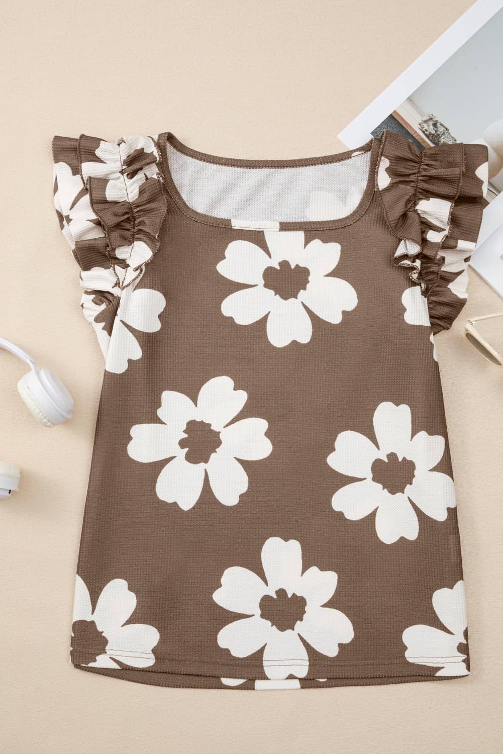 Brown Floral Textured Ruffled Short Sleeve Square Neck Blouse