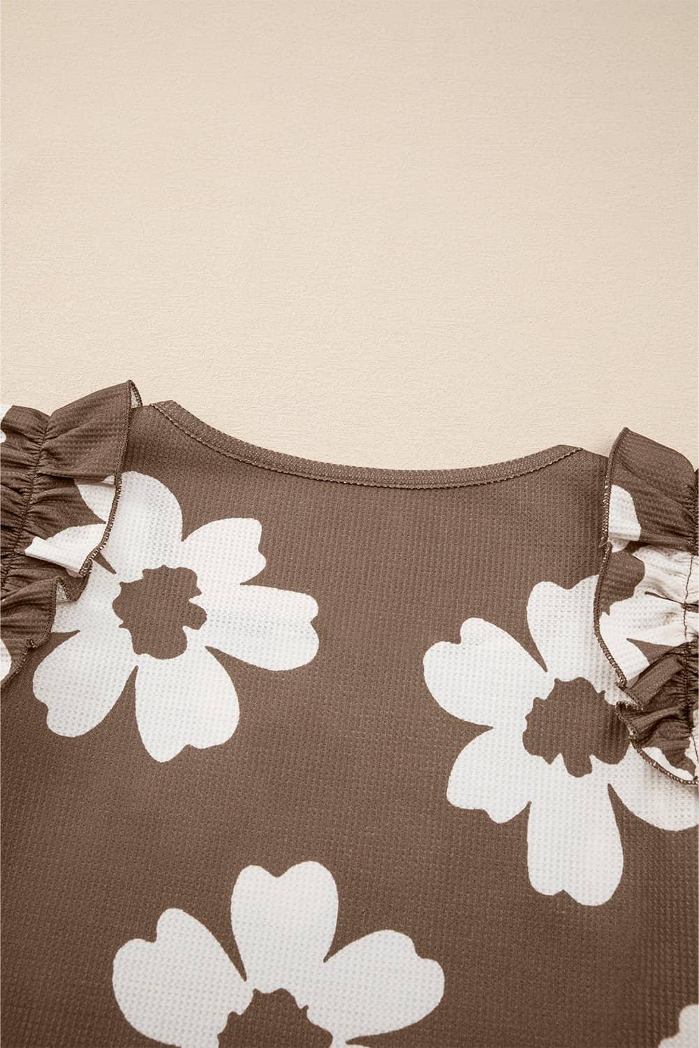 Brown Floral Textured Ruffled Short Sleeve Square Neck Blouse