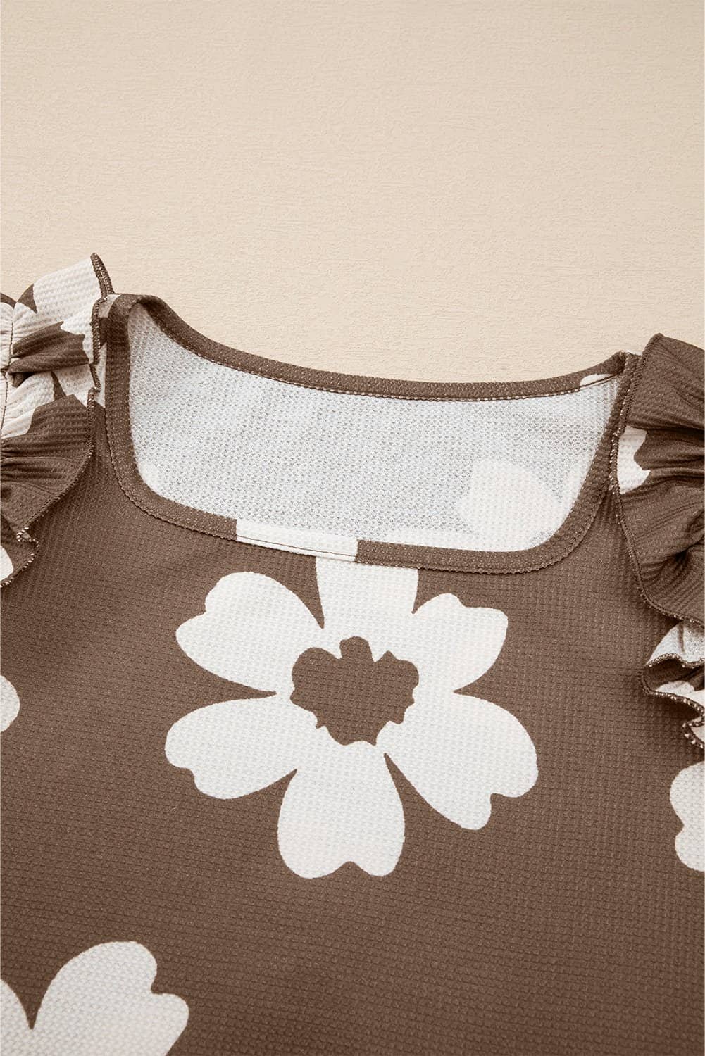 Brown Floral Textured Ruffled Short Sleeve Square Neck Blouse