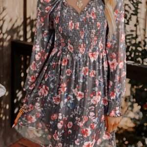 Brown Frilly Smocked Bodice Floral Mesh Long Sleeve Mini Dress
