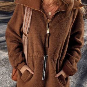 Brown Half Zip Fleece Pullover Sweatshirt