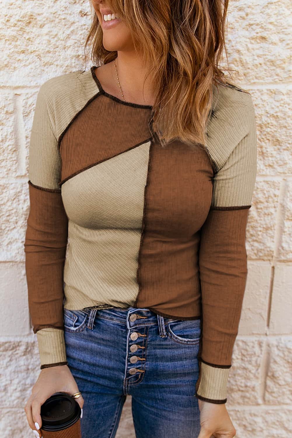 Brown Irregular Color Block Seaming Trim Rib Knit Top