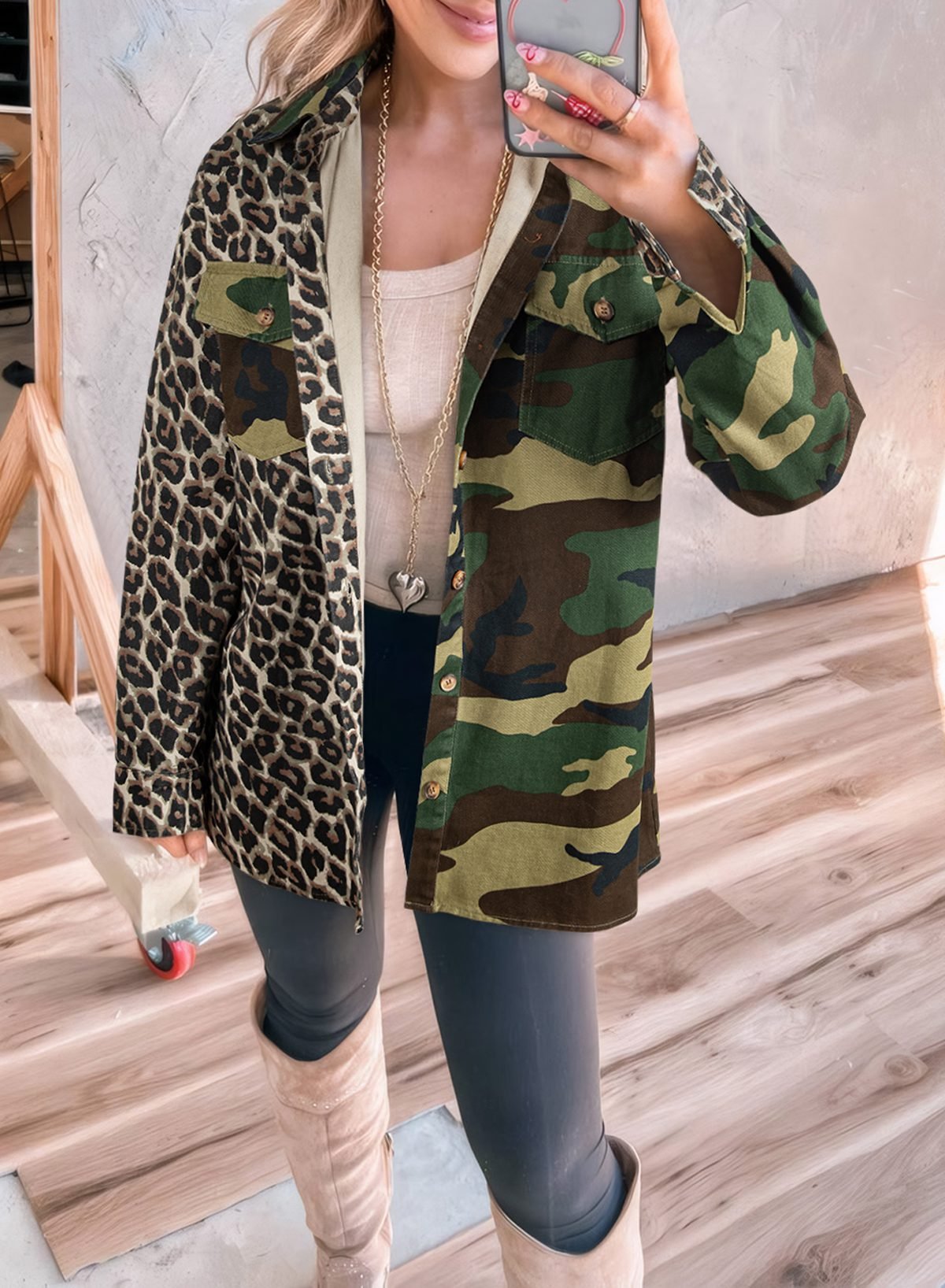Brown Leopard Camo Patchwork Oversize Shacket