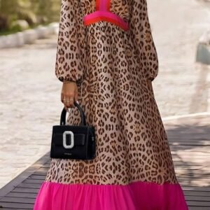 Brown Leopard Color Block V Neck Loose Fit Maxi Dress