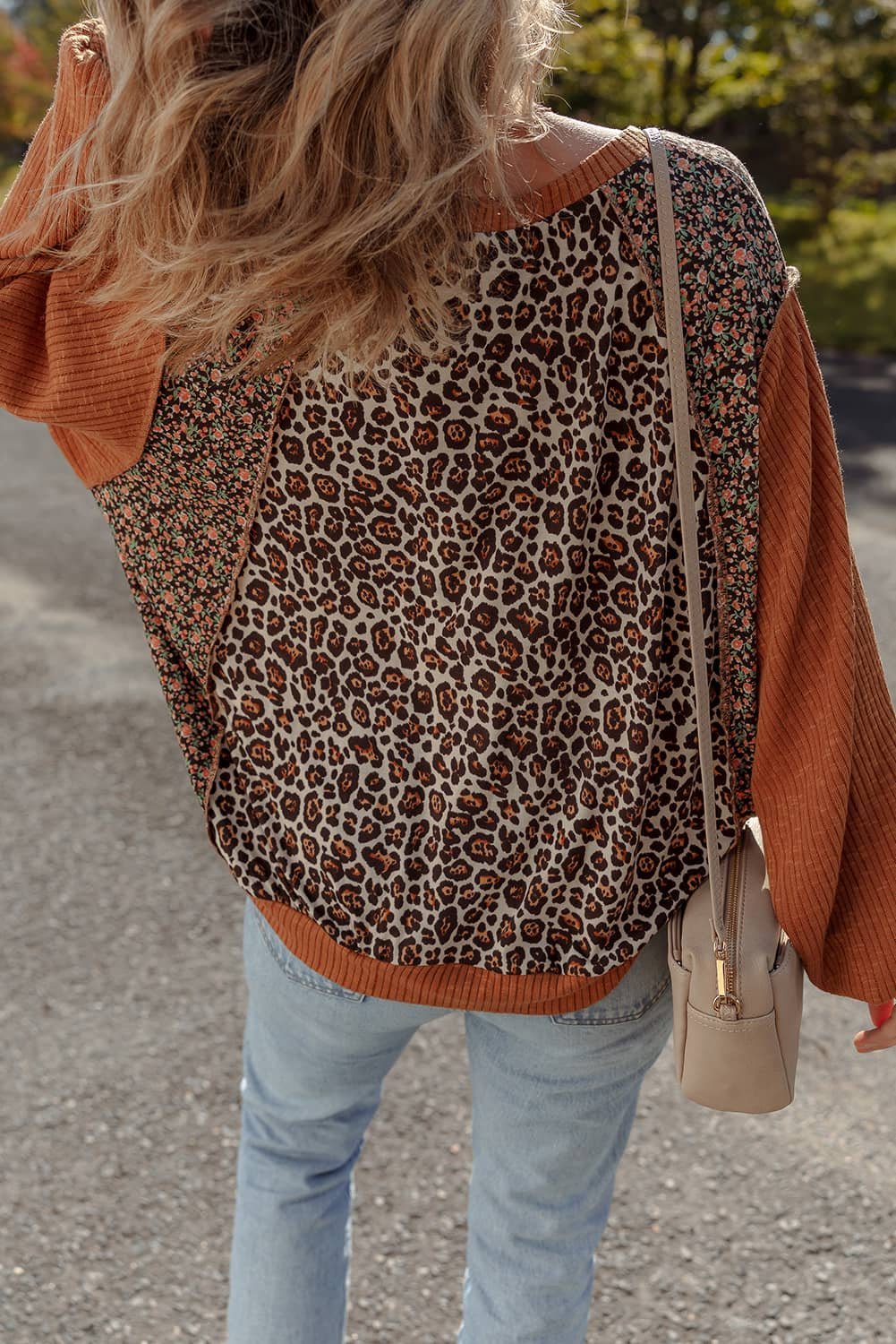 Brown Leopard Floral Print Ribbed Puff Sleeve Patchwork Loose Pullover