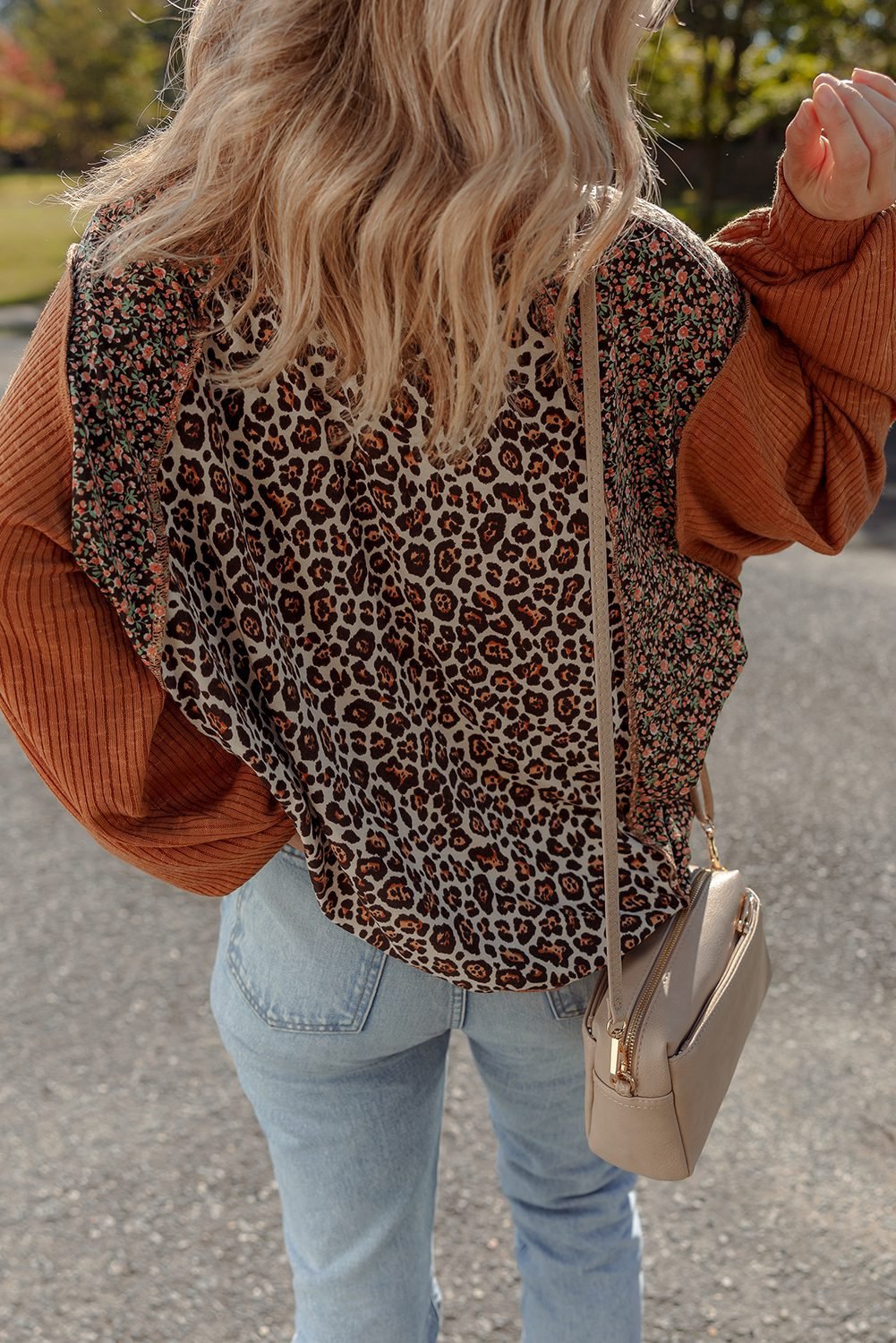 Brown Leopard Floral Print Ribbed Puff Sleeve Patchwork Loose Pullover